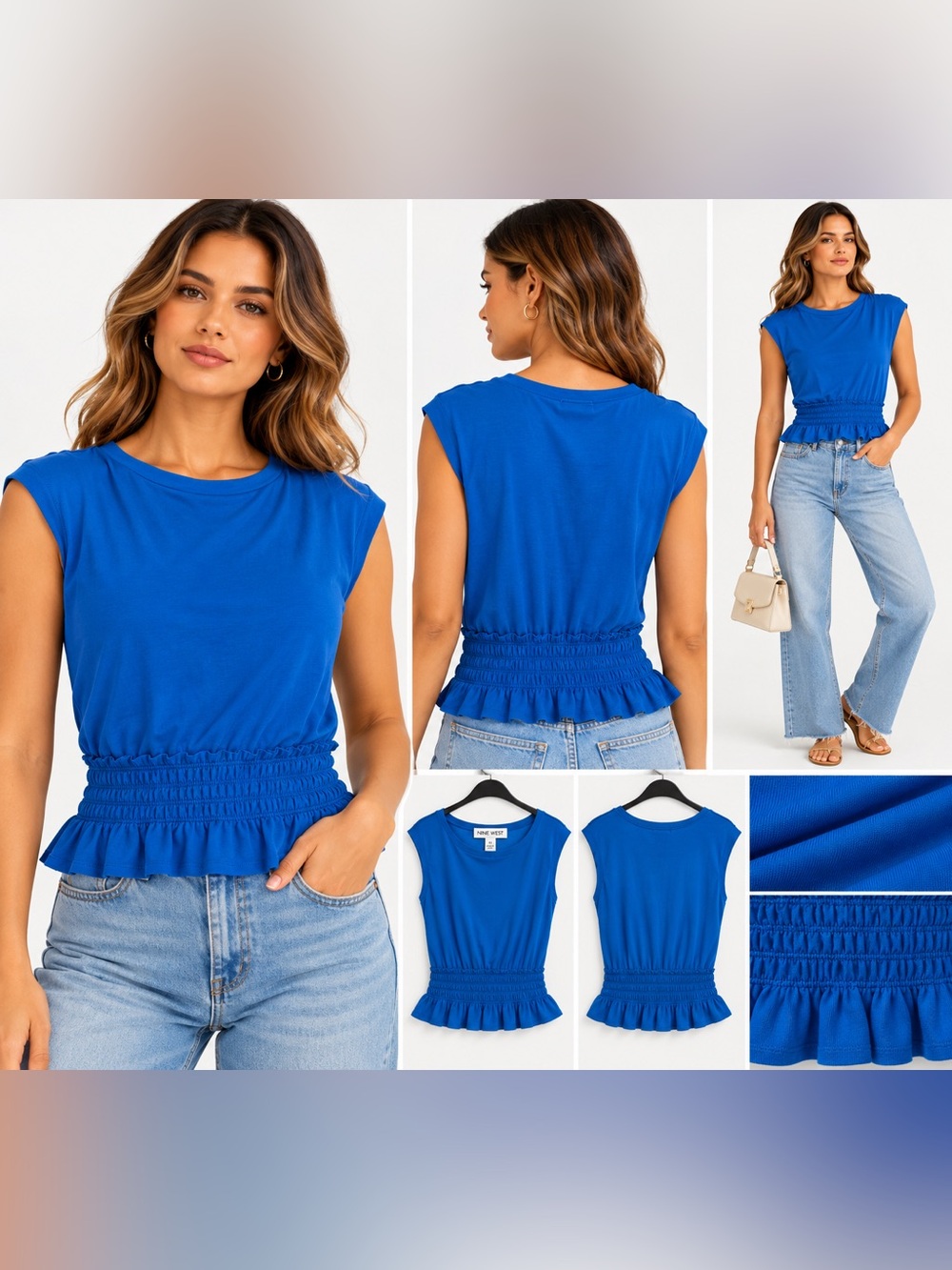 Nine West Blue Smocked Waist Ruffle Hem Top XS NWT